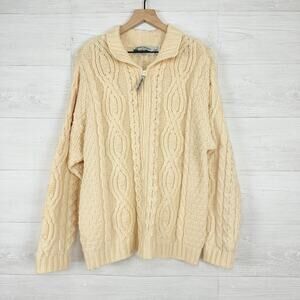 Aran Crafts Womens L Full Zip Cable Knit Merino Wool Fisherman Sweater Cream